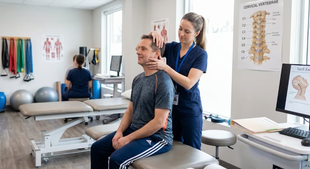 Physiotherapist assessing a patient's neck and posture at Healmotus Physio Care