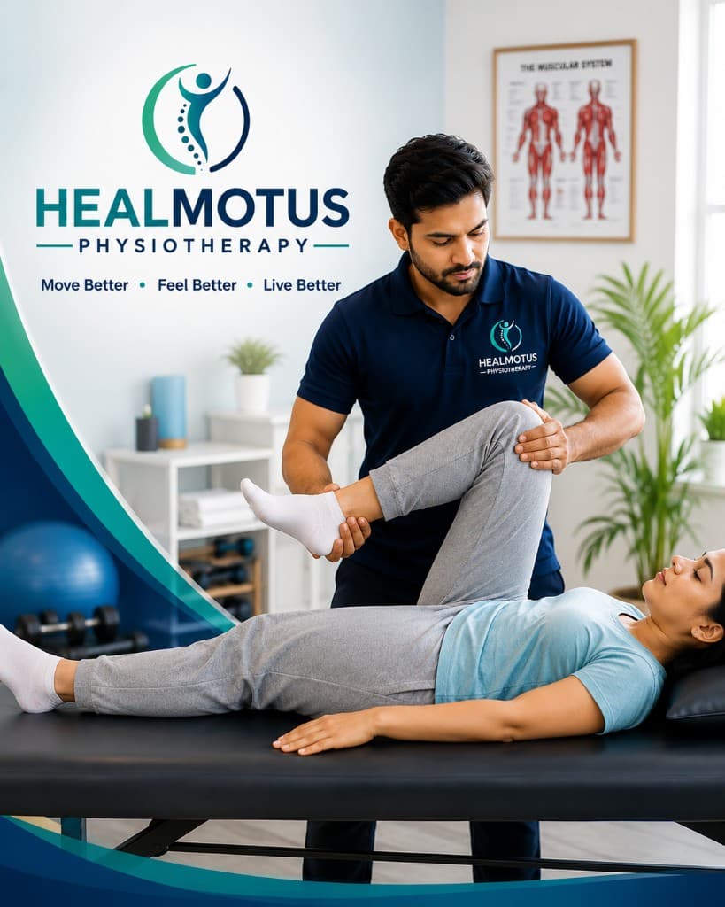 Healmotus Physiotherapy — leg rehabilitation and mobility care Healmotus Physiotherapy — professional physiotherapist assisting a patient with leg rehabilitation exercises at our Bengaluru clinic.