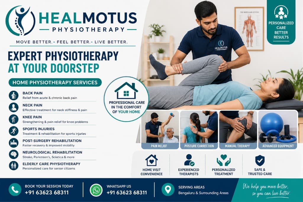 Expert physiotherapy at your doorstep in Bengaluru Healmotus Physiotherapy home services banner — expert physiotherapist treating a patient at home in Bengaluru for back pain, sports injuries, and post-surgery rehabilitation.